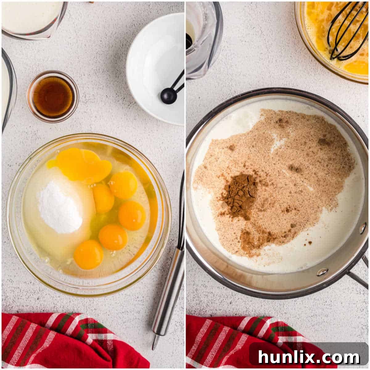 Velvet Spiced Eggnog 4 Collage of mixing ingredients.