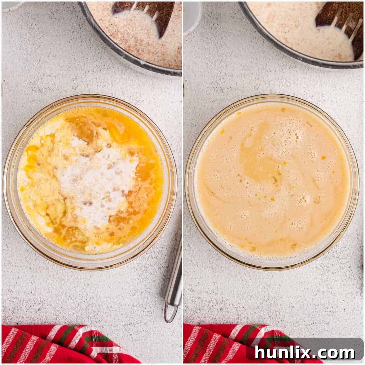 Velvet Spiced Eggnog 5 Collage of mixing ingredients in a bowl.