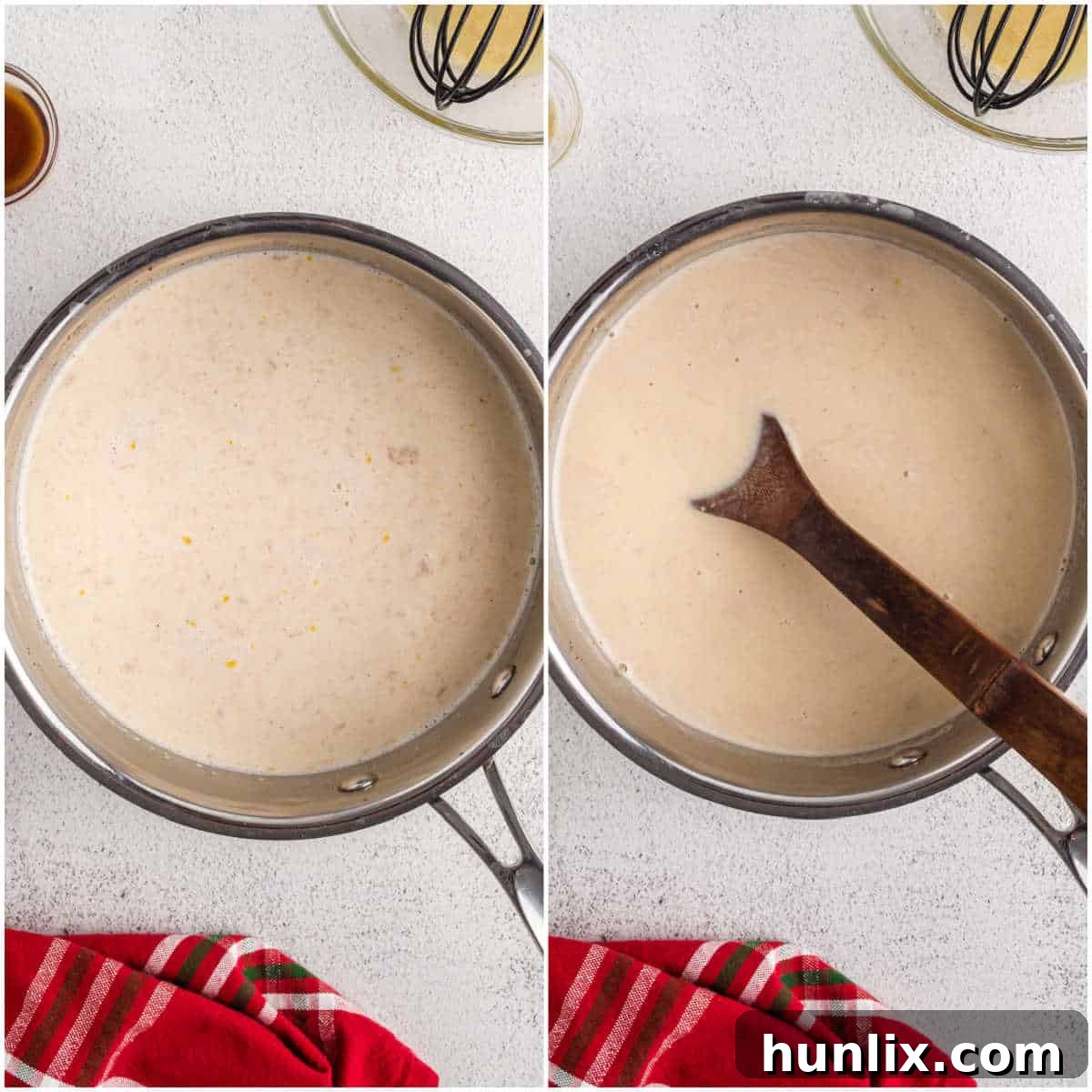 Velvet Spiced Eggnog 6 Collage of cooking ingredients in a pot.