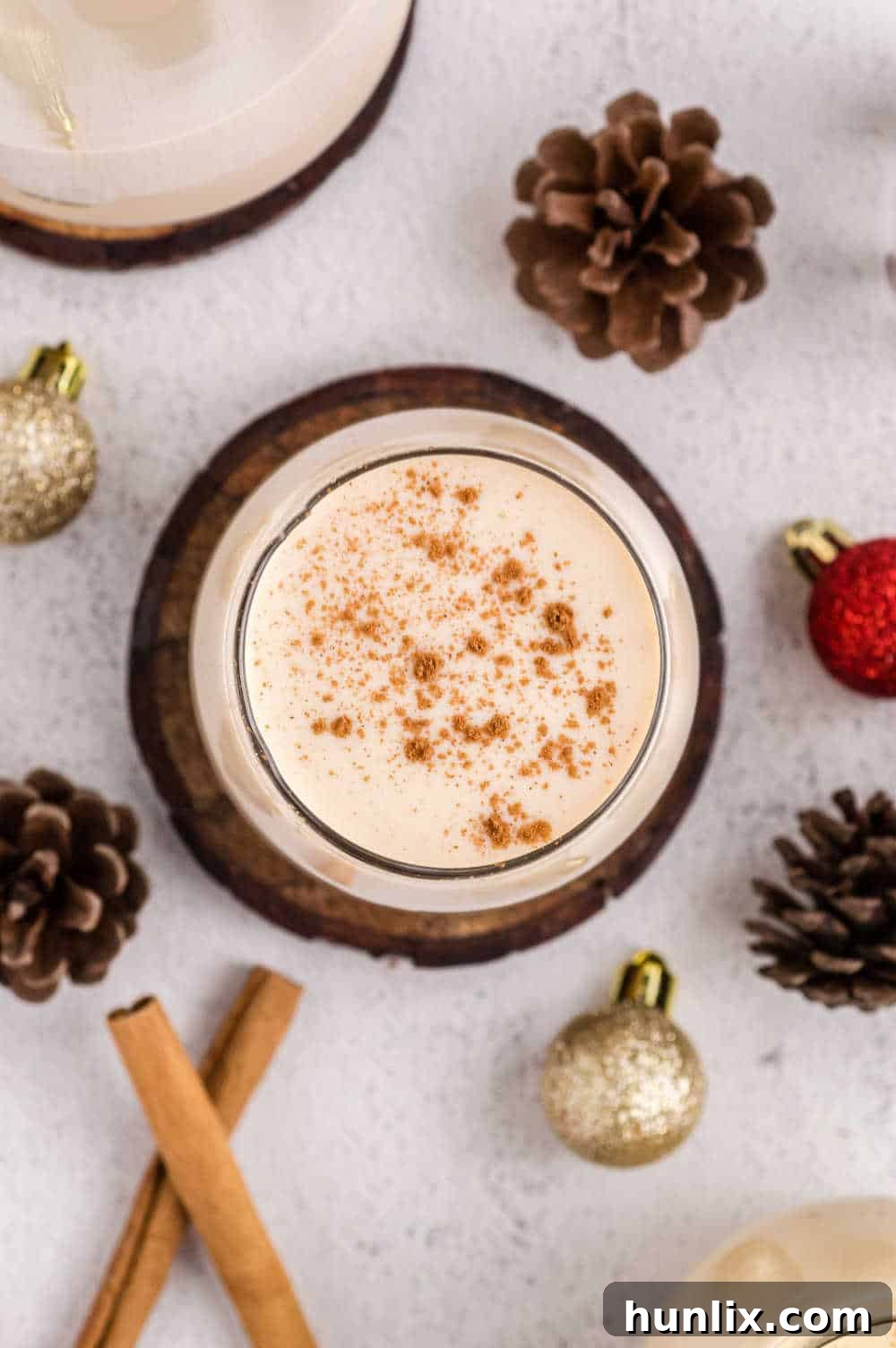 Velvet Spiced Eggnog 8 Overhead photo of a glass of the recipe.