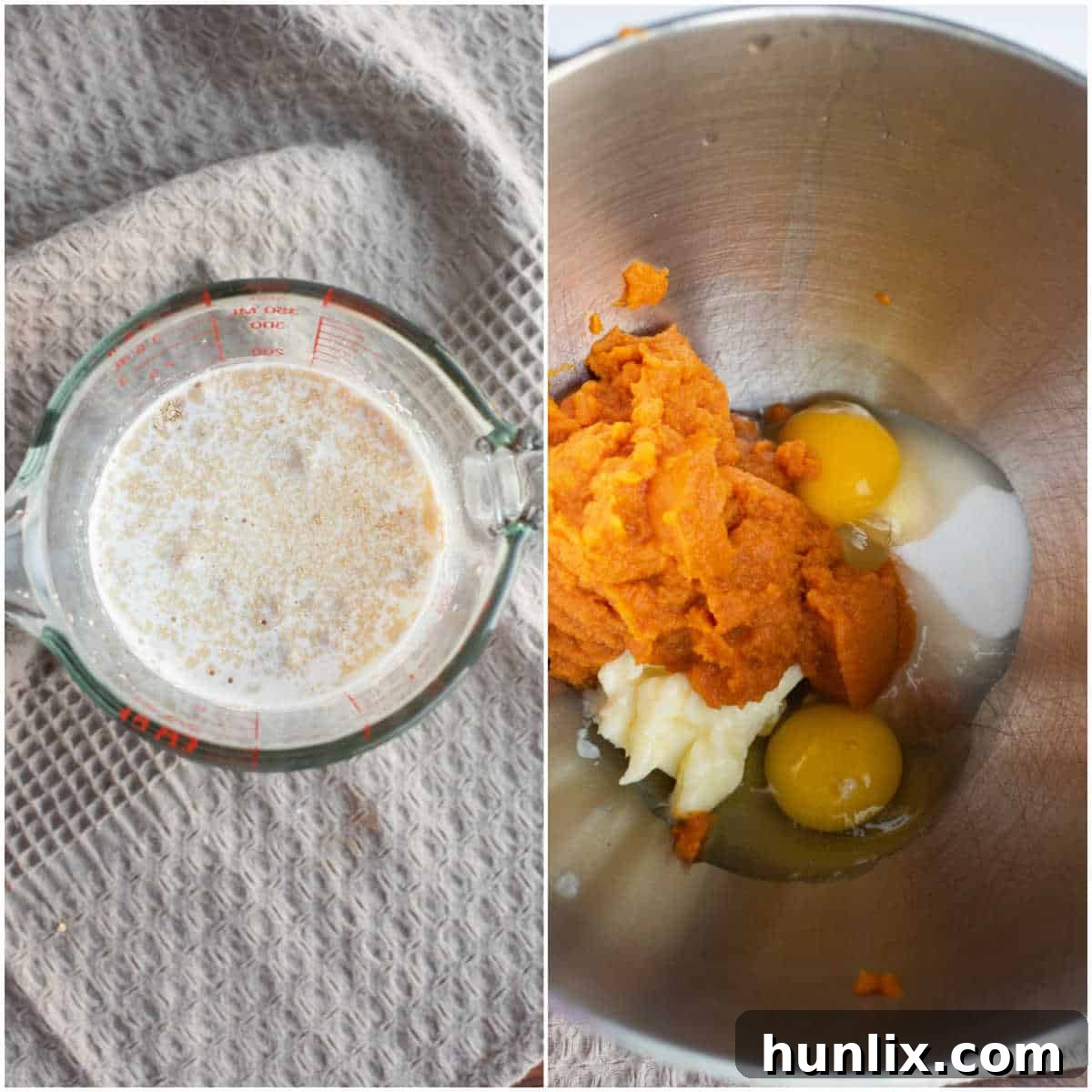 Pumpkin Spice Cinnamon Swirls 4 Mixing dough ingredients for pumpkin cinnamon rolls in a stand mixer