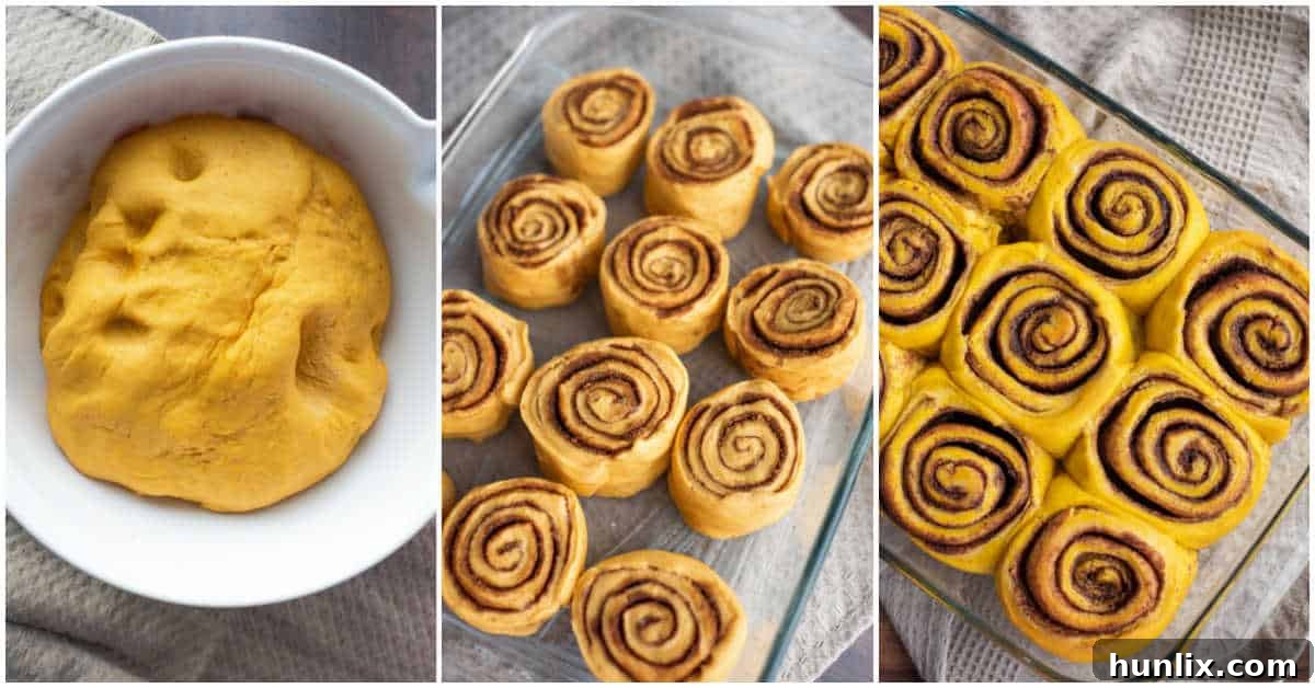 Pumpkin Spice Cinnamon Swirls 7 Pumpkin cinnamon rolls baking in a casserole dish in the oven