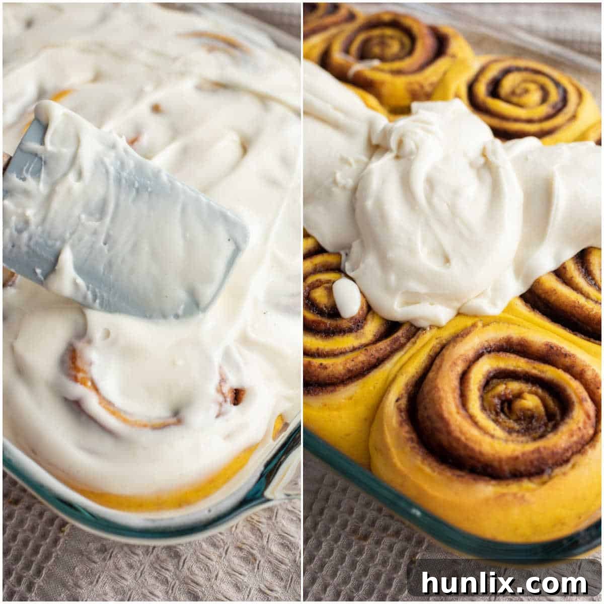 Pumpkin Spice Cinnamon Swirls 8 Cream cheese frosting being spread over warm pumpkin cinnamon rolls in a baking pan
