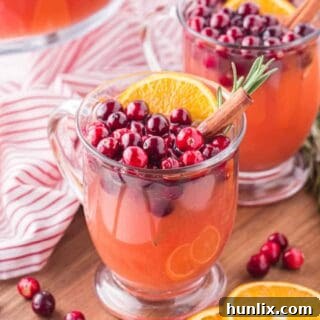 Crimson Spice Elixir 10 A beautiful glass filled with Spiced Cranberry Punch, garnished with fresh cranberries, vibrant orange slices, and a fragrant cinnamon stick, ready to be enjoyed.