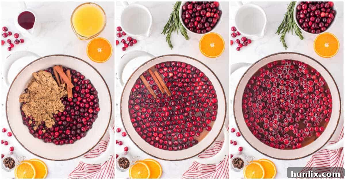 Crimson Spice Elixir 4 A photographic collage illustrating the early stages of preparing Spiced Cranberry Punch, showing ingredients being added to a pot, the liquid simmering gently, and fresh cranberries softening as they cook.