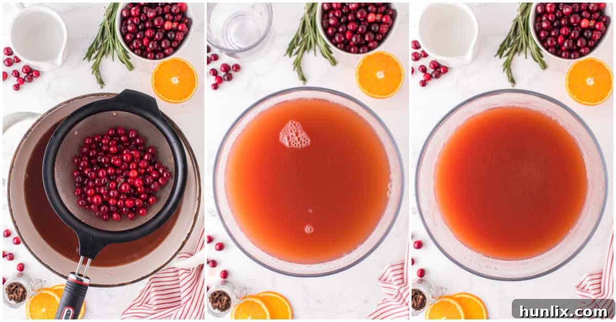 Crimson Spice Elixir 5 A step-by-step photographic collage demonstrating the process of straining the Spiced Cranberry Punch, showing the warm liquid being carefully poured through a fine-mesh sieve into a large clear glass pitcher.
