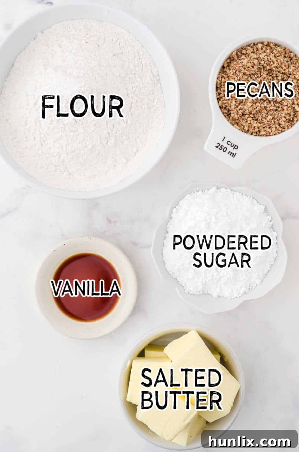 ingredients to make snowball cookies