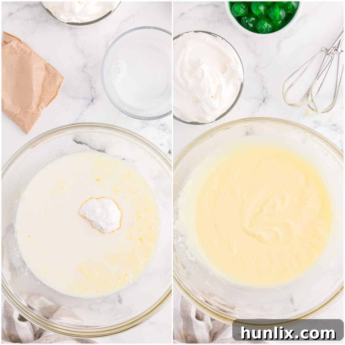 A large mixing bowl containing instant vanilla pudding mix and milk being mixed together on medium speed until thickened for Christmas Fluff.