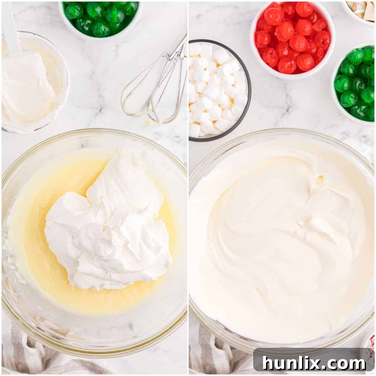 A creamy pudding mixture in a mixing bowl, with Cool Whip being gently folded in to create a light and fluffy base for Christmas Fluff.
