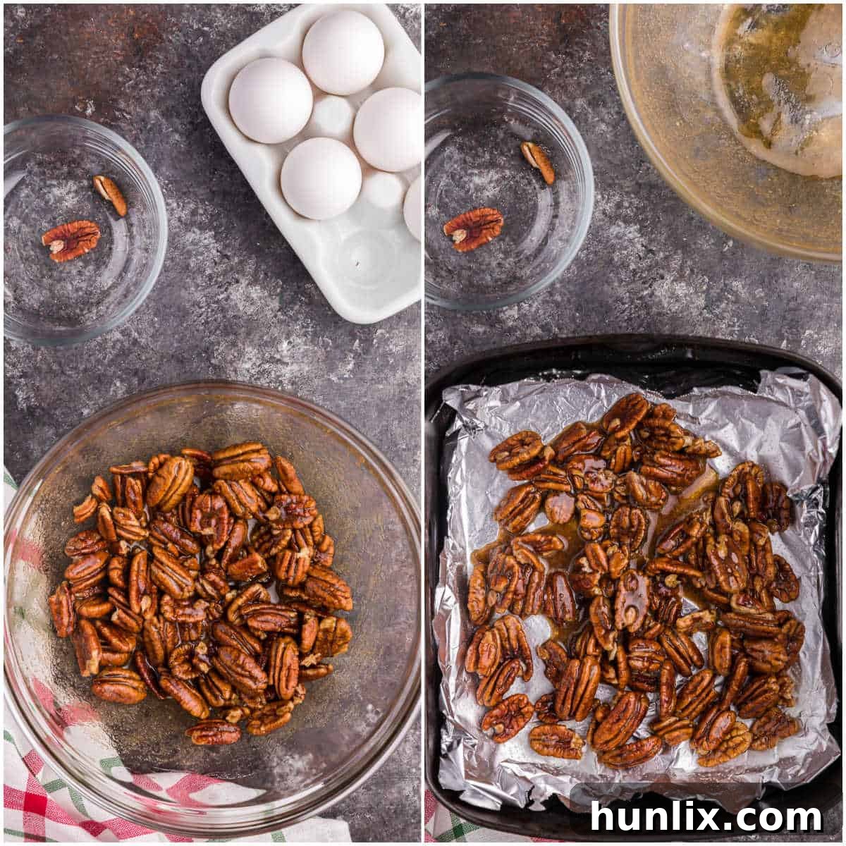 A collage illustrating the process of mixing pecans with the glaze and then placing them into the air fryer basket for cooking.