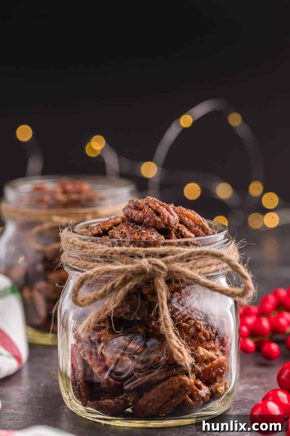 Another beautiful jar of homemade air fryer candied pecans, emphasizing their delicious and gift-worthy appeal.