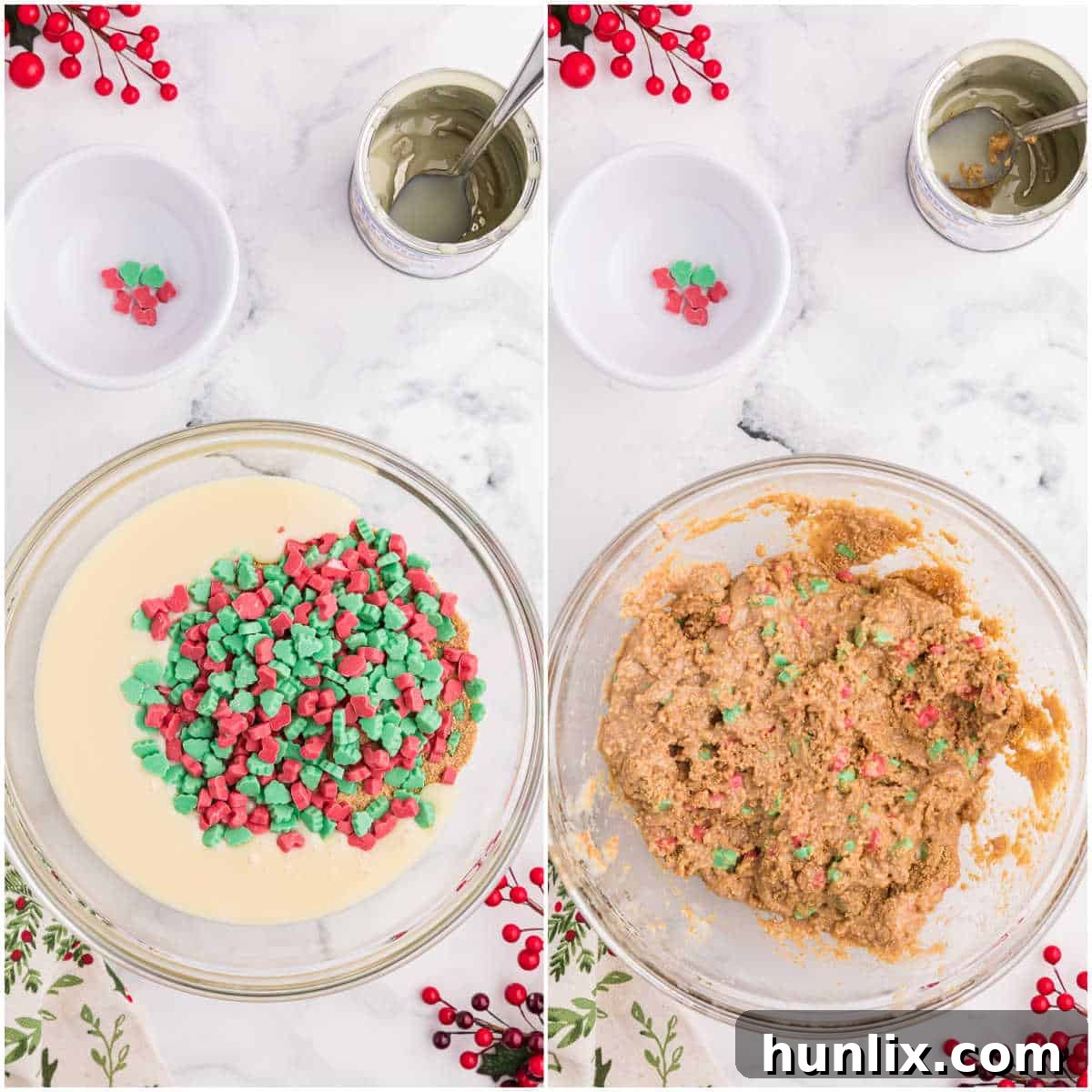 Collage showing the process of mixing graham cracker crumbs, condensed milk, and holiday chips in a bowl.