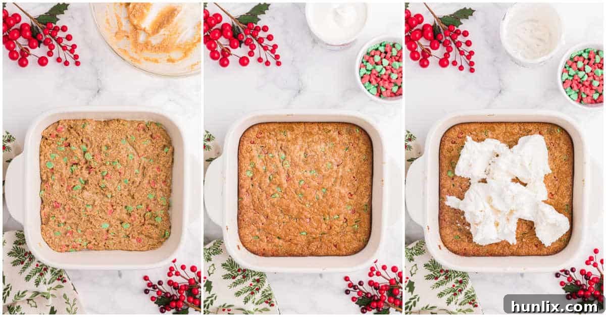 Collage showing the spreading of the base into the baking pan and then frosting with white frosting and adding chips.