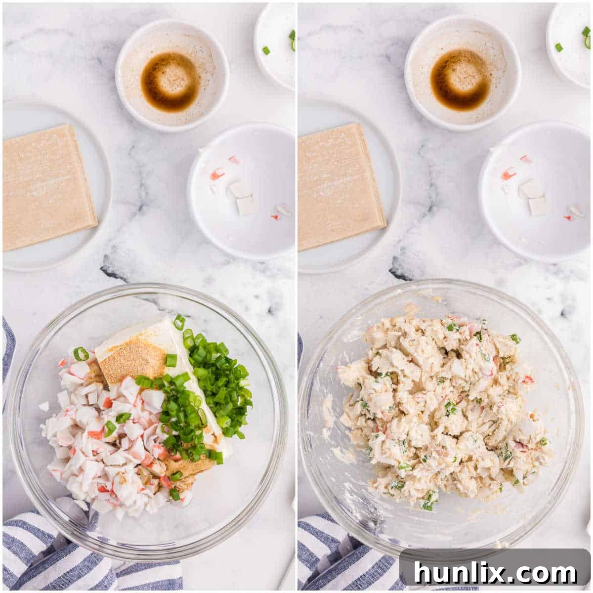 A collage showing the process of mixing crab meat, cream cheese, green onions, and spices for the rangoon filling in a bowl.