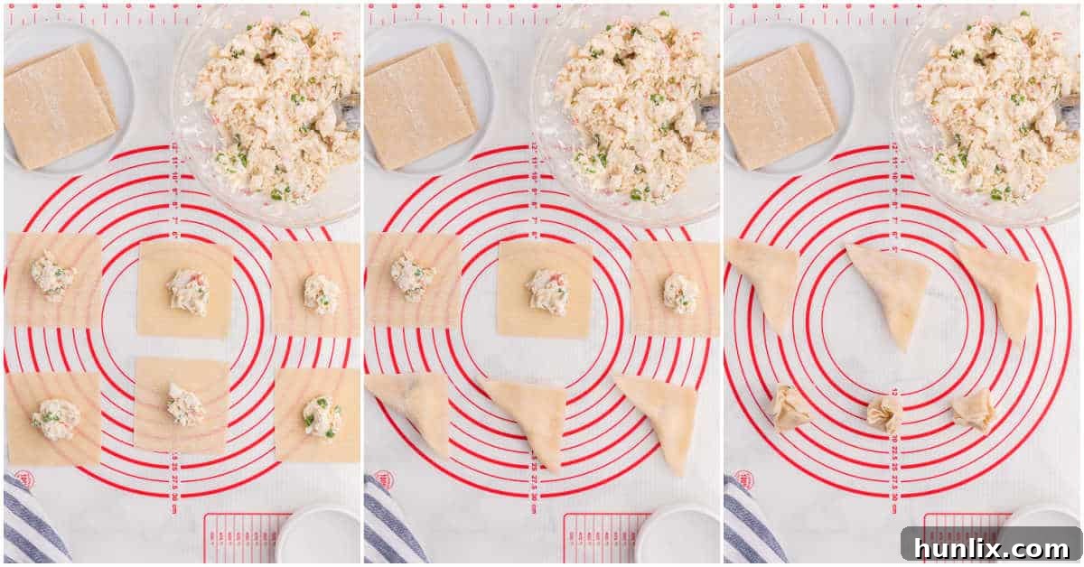 A collage demonstrating the folding technique for wonton wrappers, from a flat wrapper with filling to a sealed triangle and finally a neat bundle.