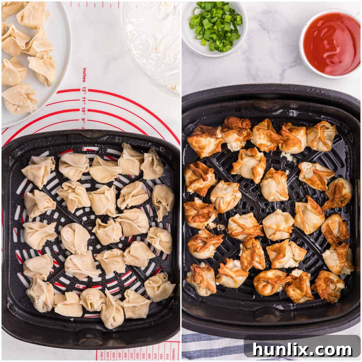 A collage illustrating the air frying process, showing crab rangoons placed in the basket and then golden brown and crispy after cooking.