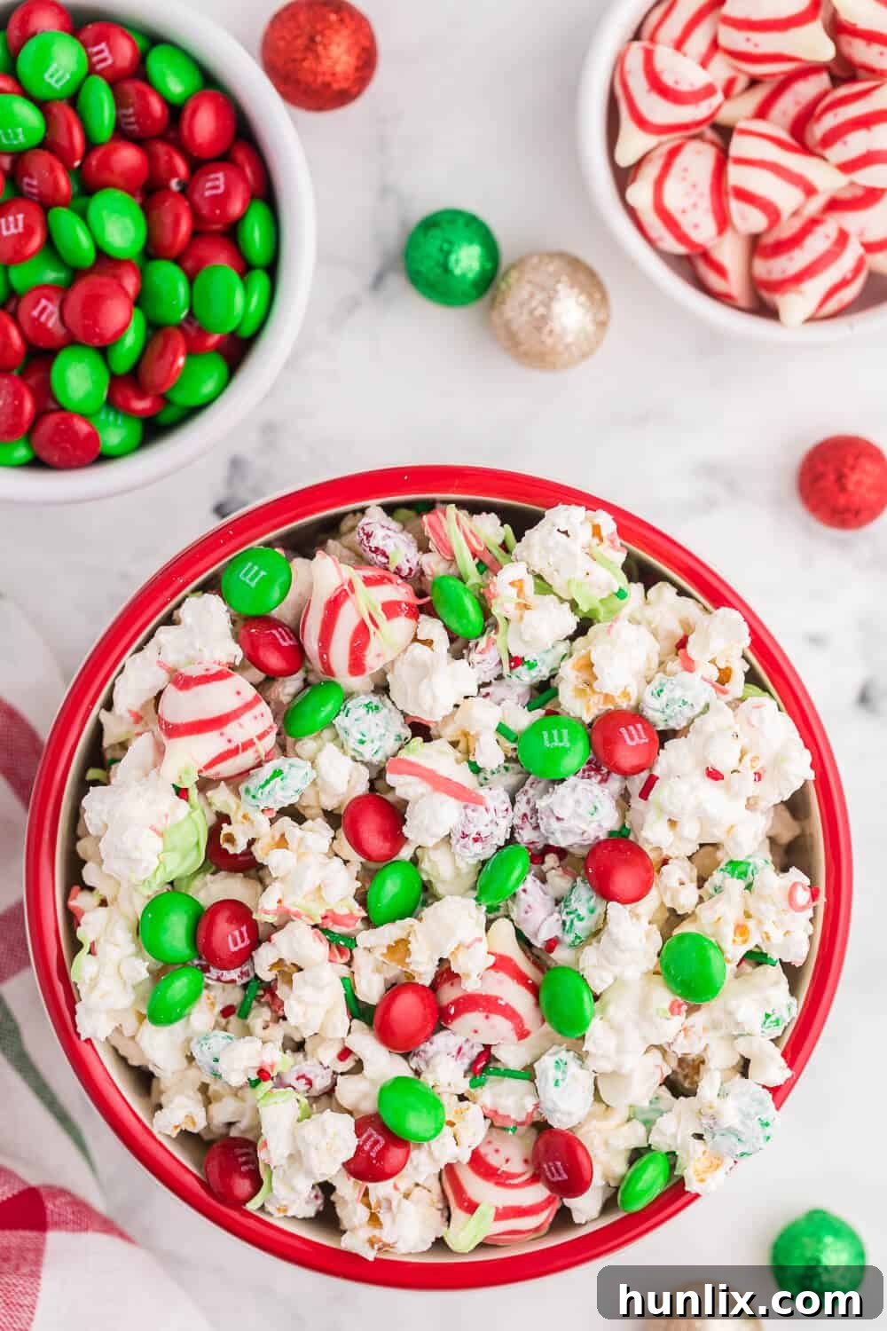 Christmas popcorn in a decorative bowl, ready to be served during the holidays.