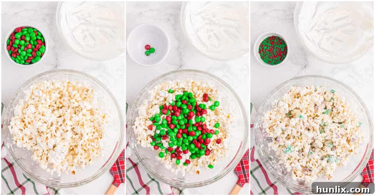 A collage of images showing the process of mixing ingredients for Christmas popcorn in a bowl, from plain popcorn to coated with candies.