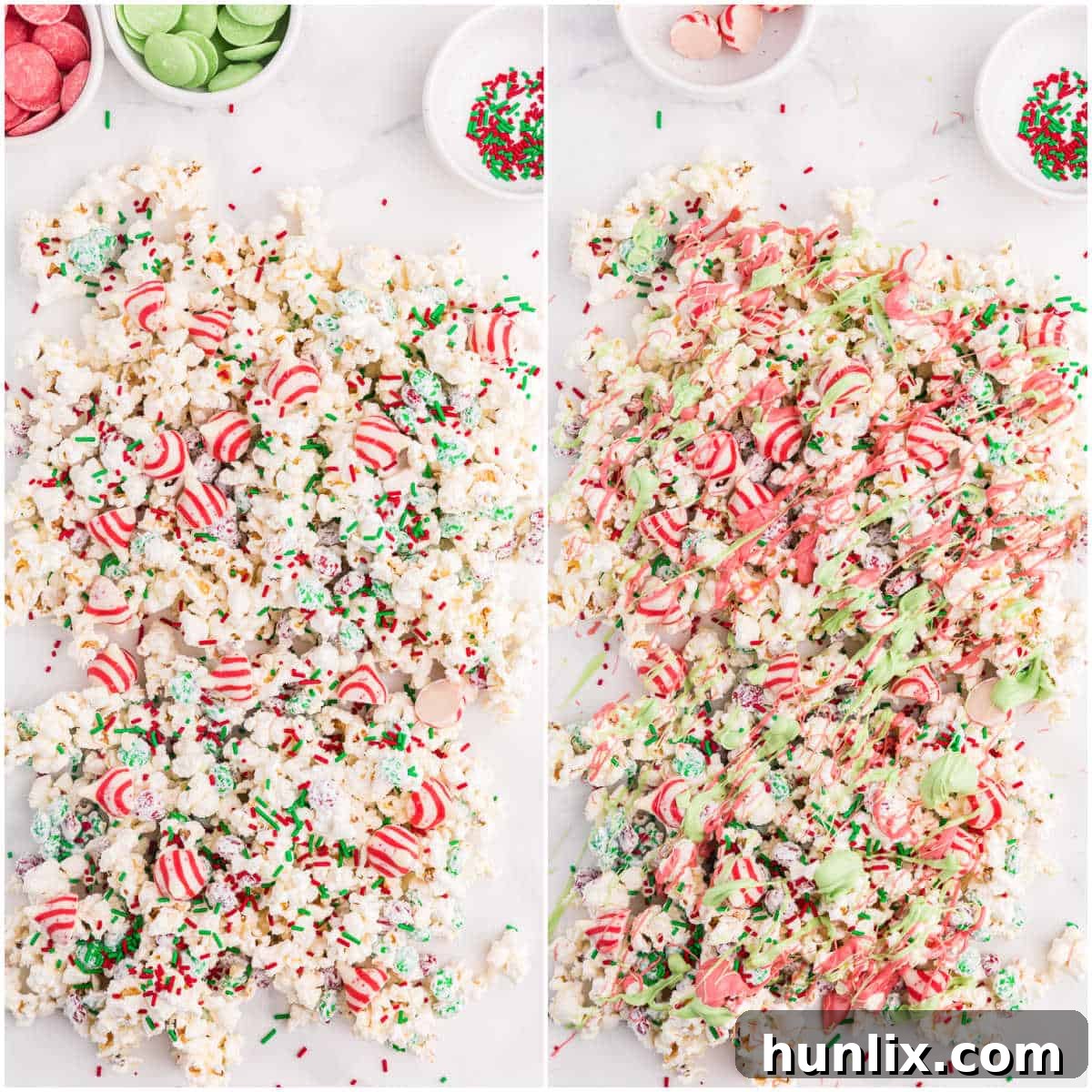 A collage displaying the finished Christmas popcorn recipe on a white surface, showcasing the colorful result.