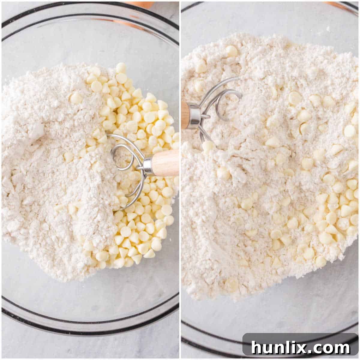 A collage showing the initial steps of mixing dry ingredients for strawberry cupcakes in a bowl.