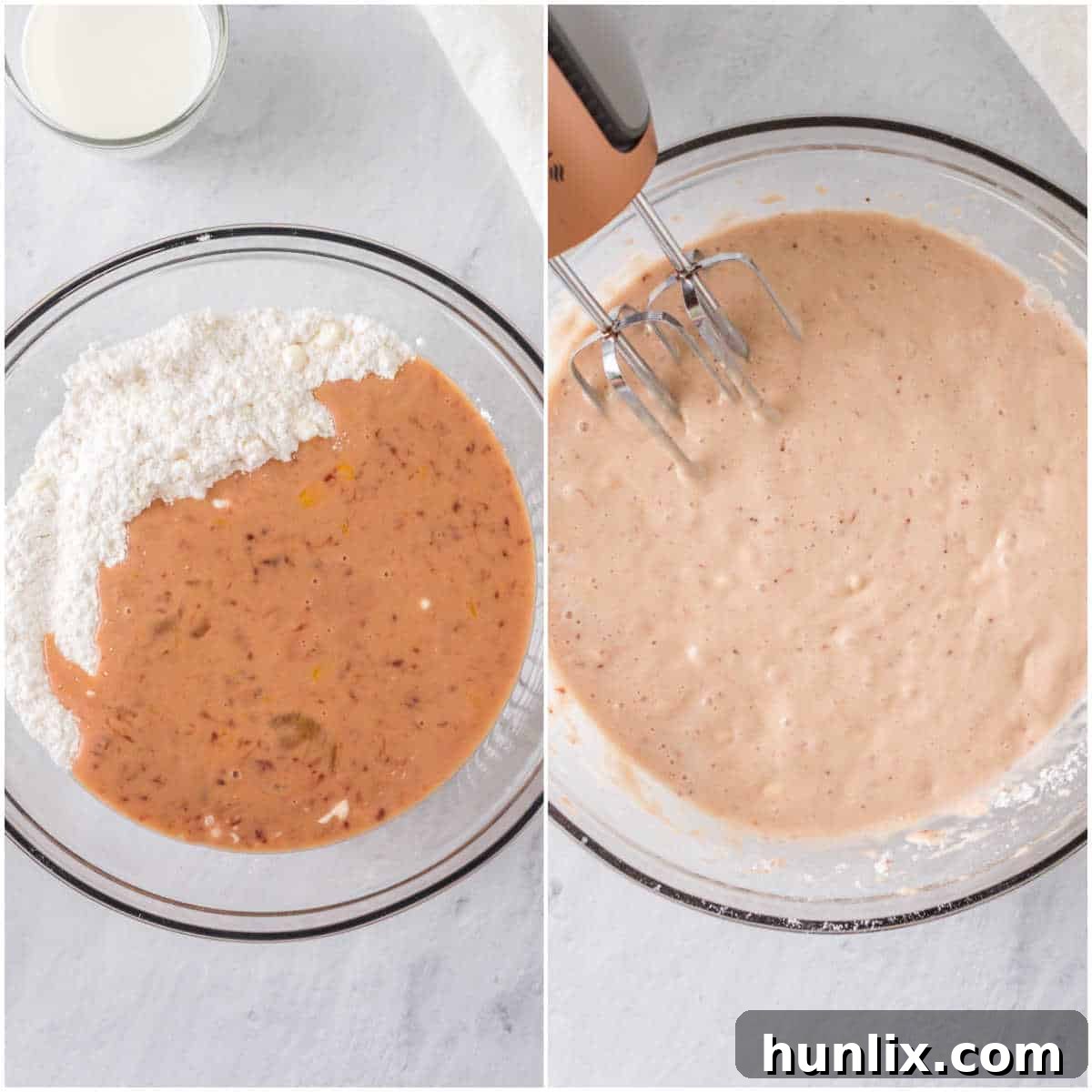 A collage demonstrating the process of combining wet and dry ingredients for strawberry cupcakes in a mixing bowl.