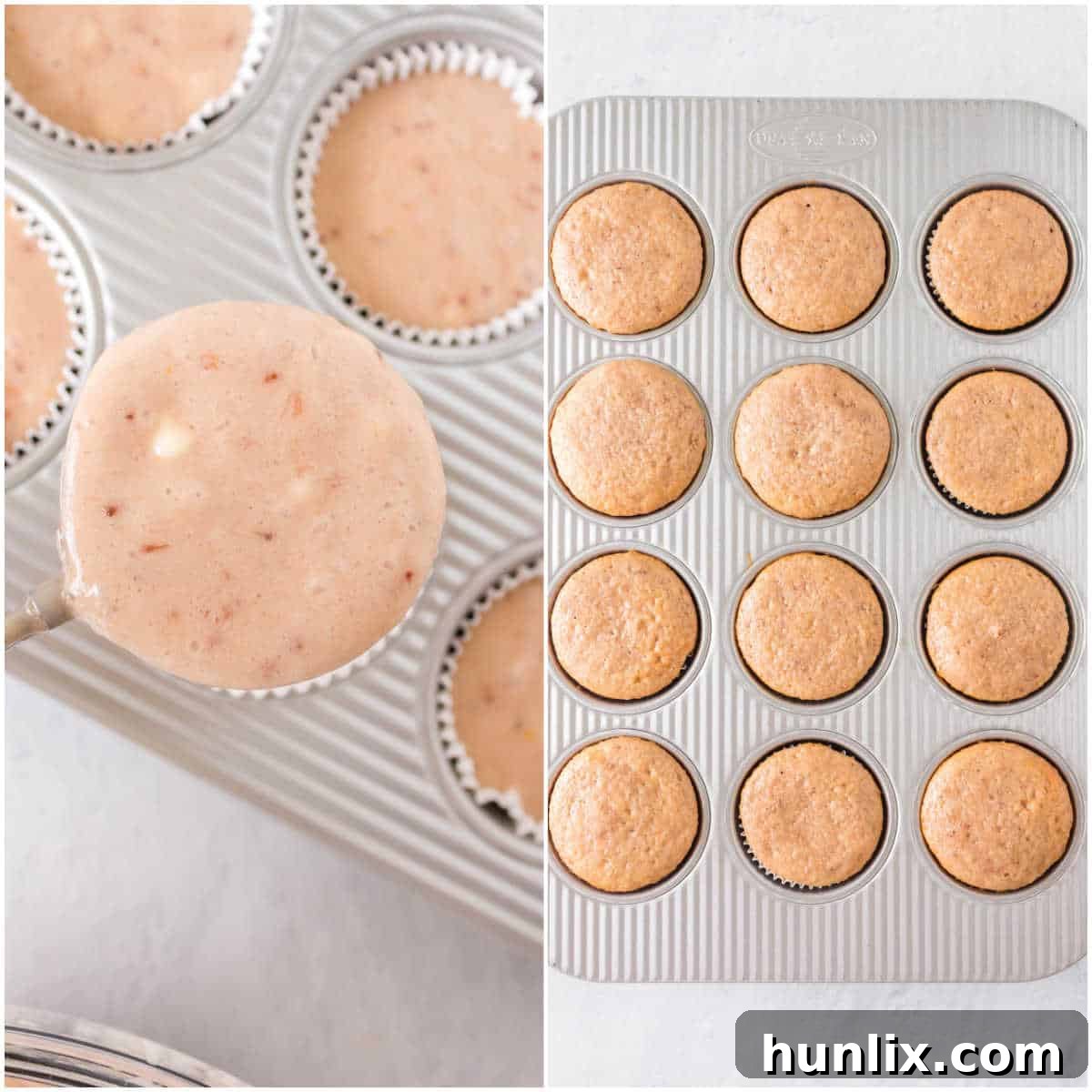 A collage illustrating the baking process of strawberry cupcakes, from batter in the pan to golden-brown finished cupcakes.
