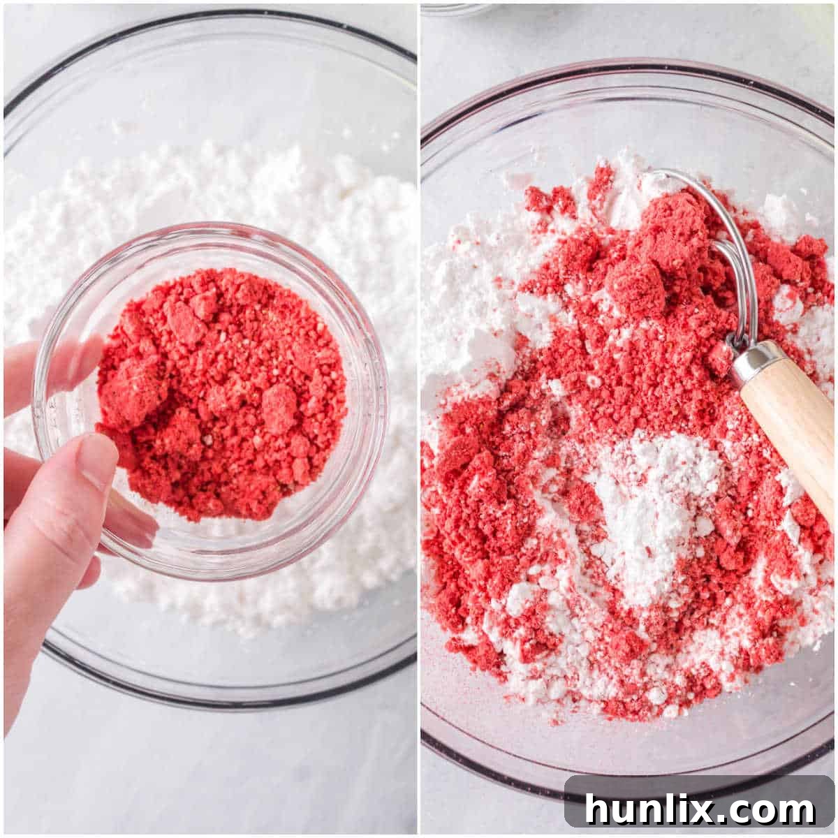 A collage showing powdered sugar and powdered freeze-dried strawberries being mixed in a bowl for buttercream frosting.