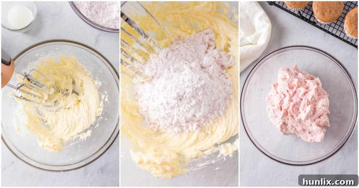 A collage showing the process of mixing ingredients for strawberry buttercream frosting, resulting in a smooth, pink mixture.