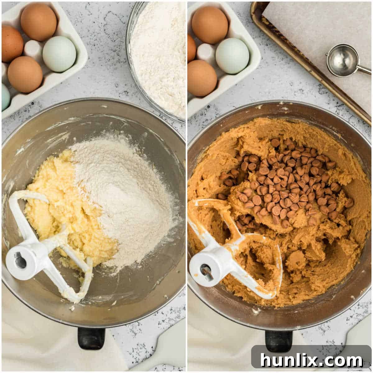 Mixing dry and wet ingredients in a stand mixer to form the thick cookie dough for butterscotch pudding cookies.