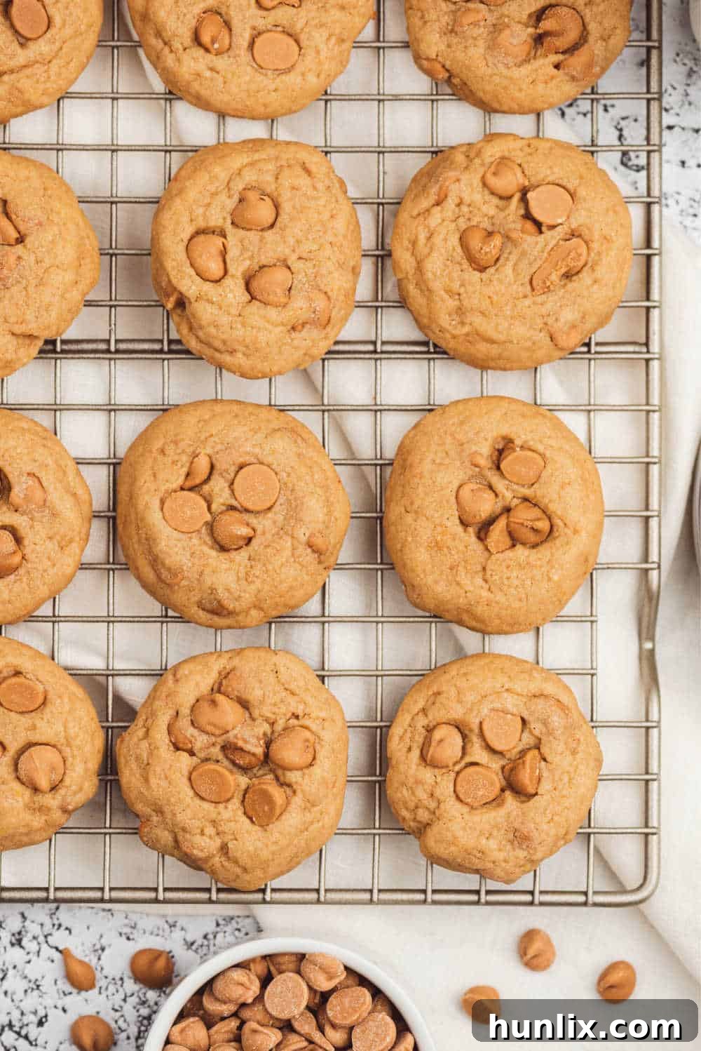 Butterscotch pudding cookies cooling on a wire rack, showcasing their even golden color and appealing round shape.