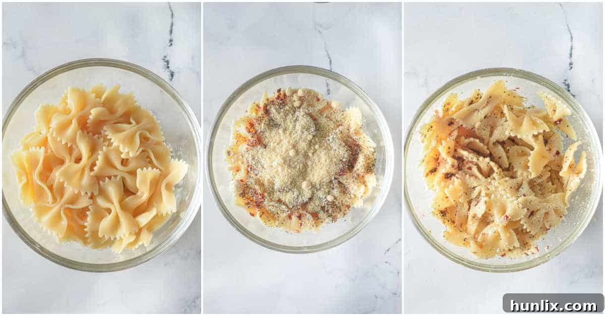 Air Fried Pasta Crisps 5 A collage showing boiled pasta being tossed with olive oil and various seasonings in a bowl.