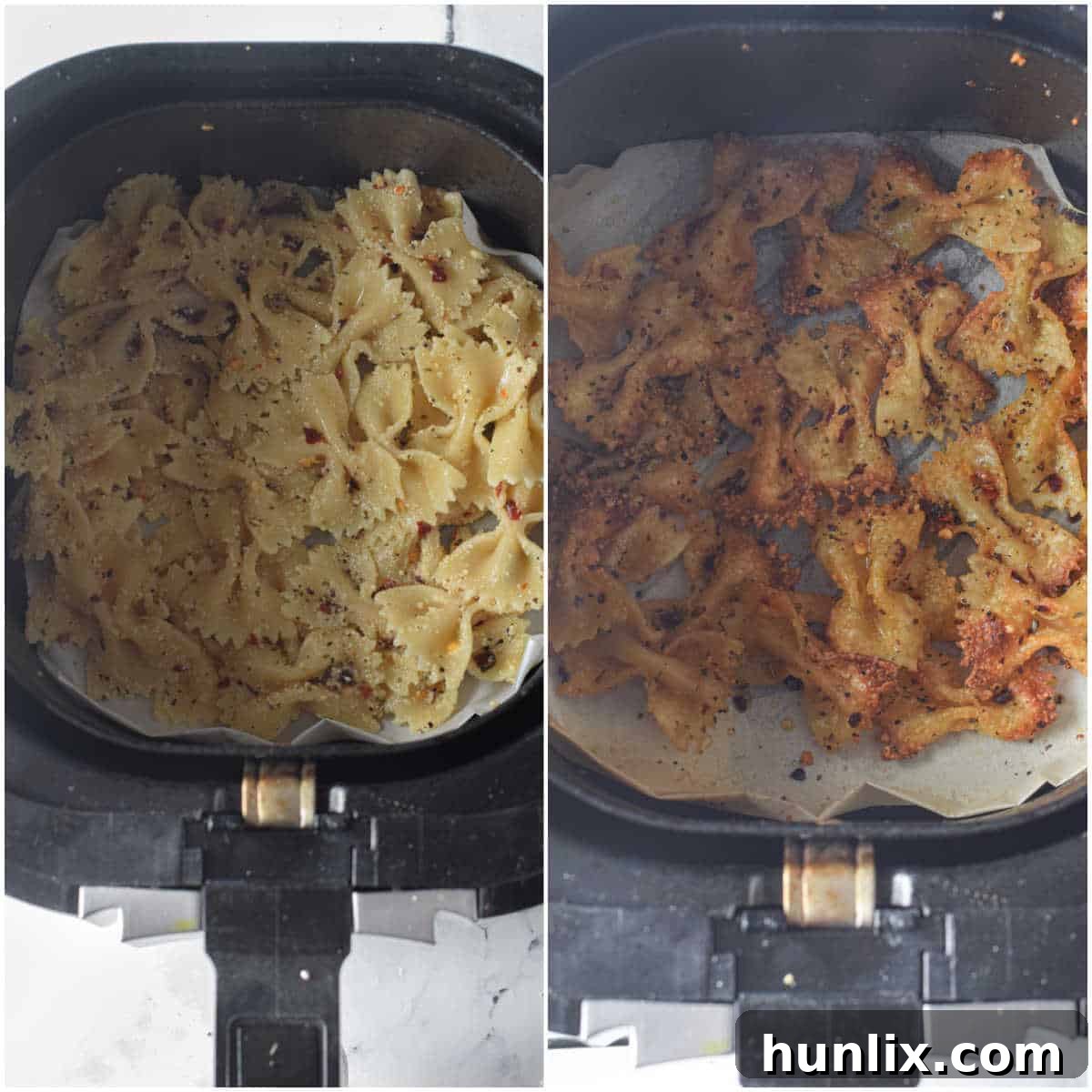 Air Fried Pasta Crisps 6 A collage illustrating the air frying process for pasta chips, showing pasta in the air fryer basket before and after cooking.