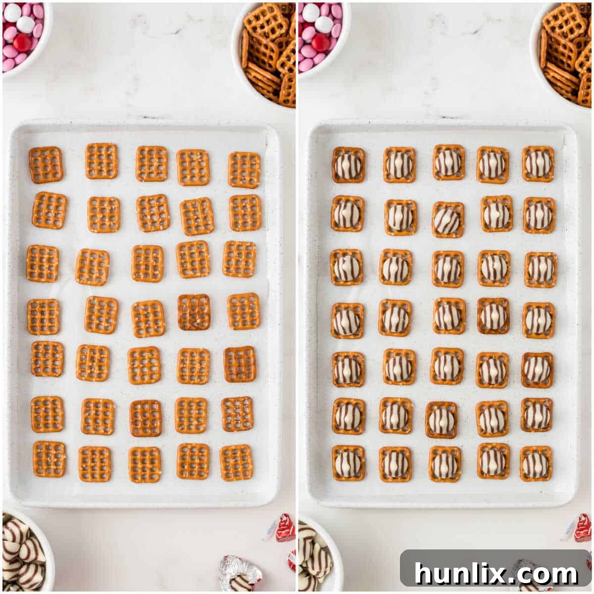 A collage showing the preparation steps: pretzels arranged on a baking sheet, topped with Hershey's Hugs, ready for baking.