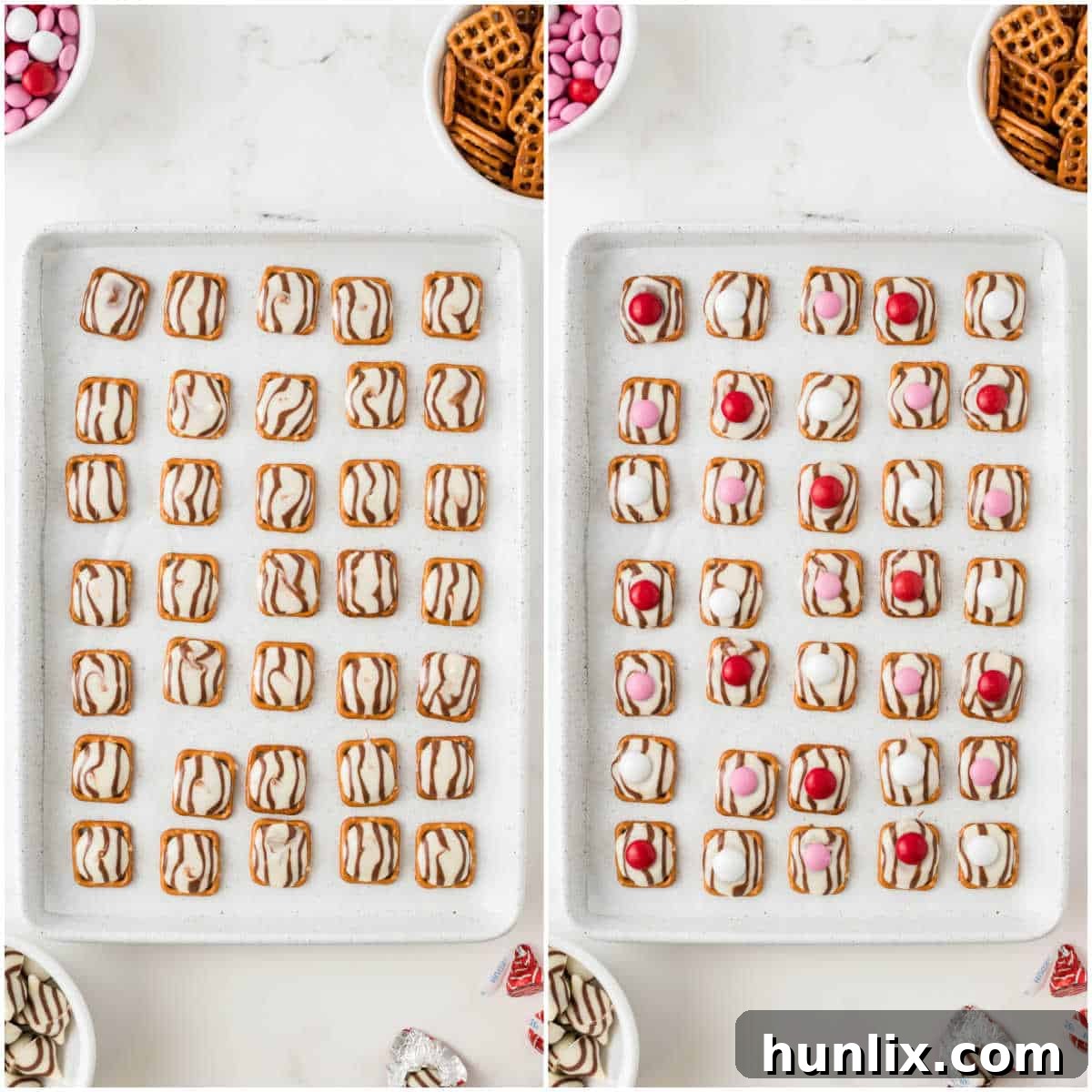 A collage showing the final preparation steps: softened chocolate on pretzels, M&M's being placed, and the finished treats cooling.