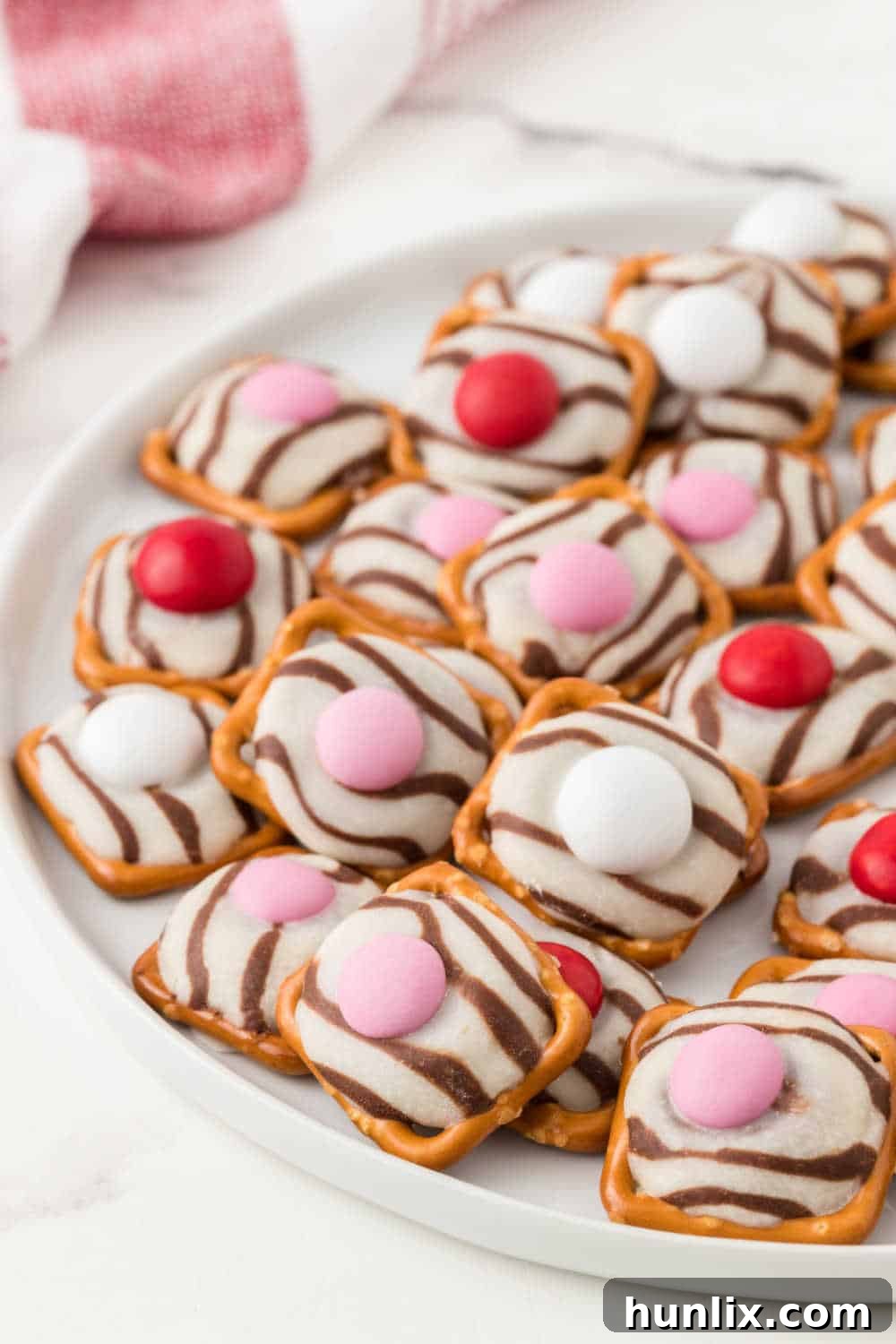 Another view of the delicious Pretzel Hugs arranged on a white plate, highlighting their visual appeal.