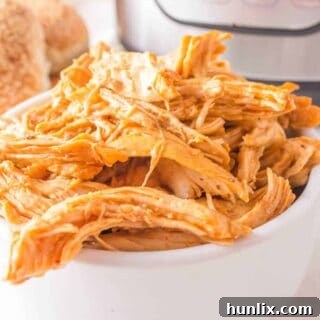 A bowl of Instant Pot BBQ shredded chicken, garnished and ready to be served, highlighting its rich color and tender appearance.