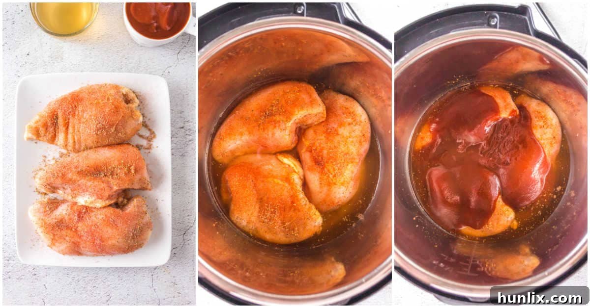 Chicken breasts in the Instant Pot with chicken broth and BBQ sauce added, before cooking.