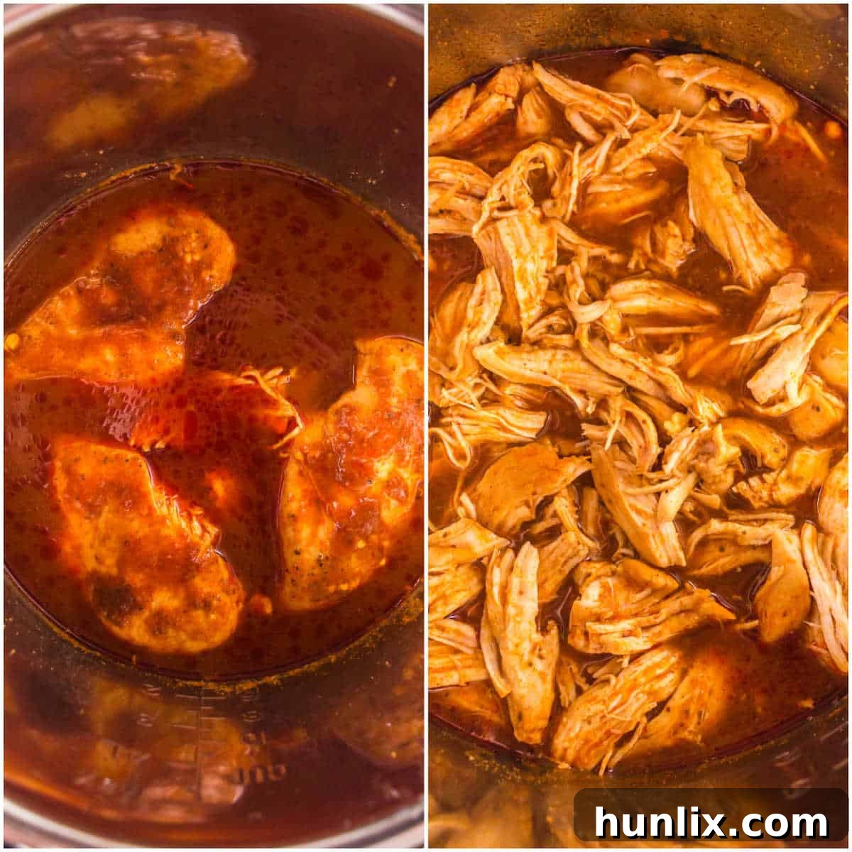 Shredded BBQ chicken being mixed back into the sauce in the Instant Pot, showing its saucy texture.
