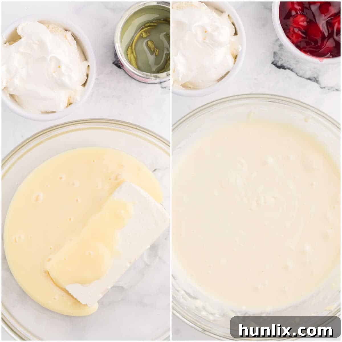 A mixing bowl filled with cream cheese, sweetened condensed milk, and almond extract, being blended with an electric hand mixer to create a smooth, creamy base for the cherry cheesecake dip.