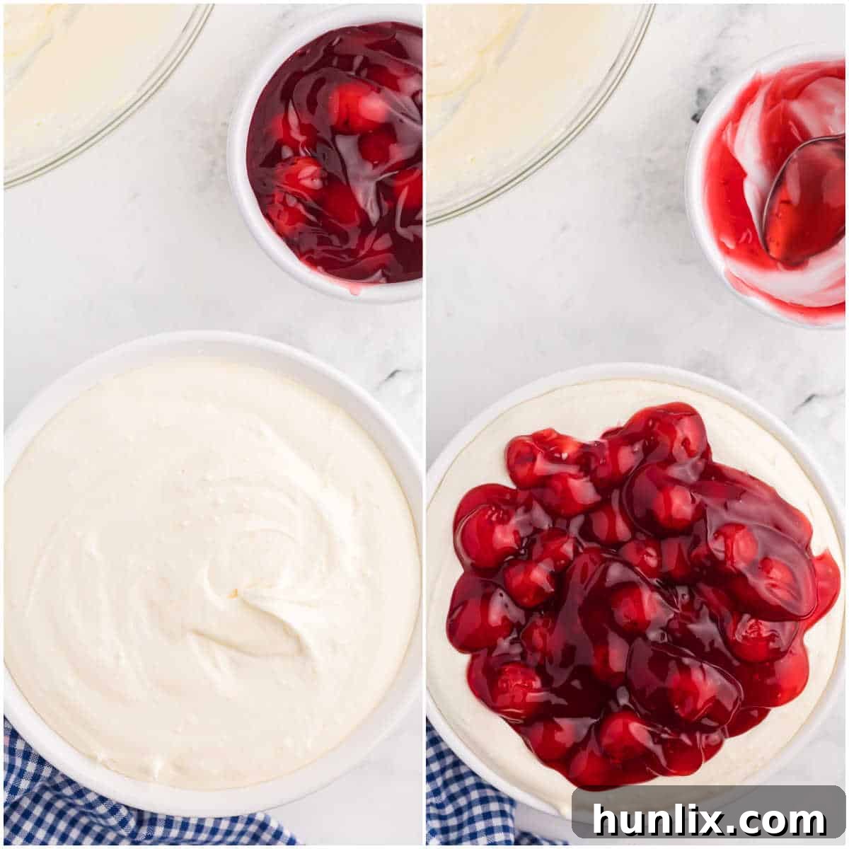 A serving dish filled with creamy cheesecake dip, topped generously with bright red cherry pie filling, showcasing the final layer before serving.