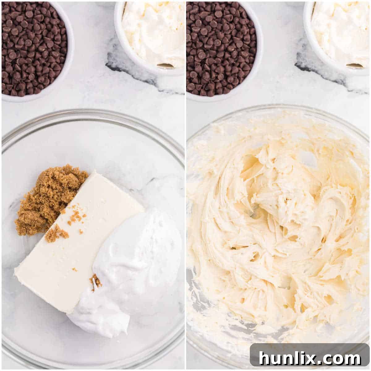 A collage showing the initial mixing steps for Booty Dip: cream cheese, marshmallow fluff, and brown sugar being beaten in a bowl.