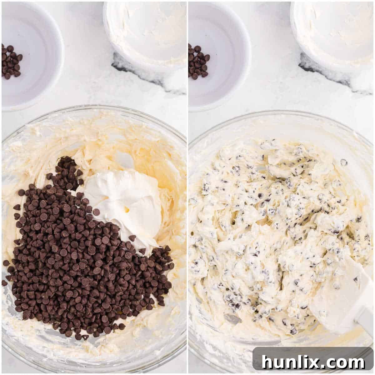 A collage demonstrating the final mixing steps of Booty Dip: folding in Cool Whip and mini chocolate chips into the creamy base.