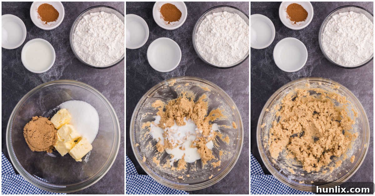 Golden Dulce Delights 4 A collage of three images showing the process of mixing the cookie bar base ingredients in a bowl.