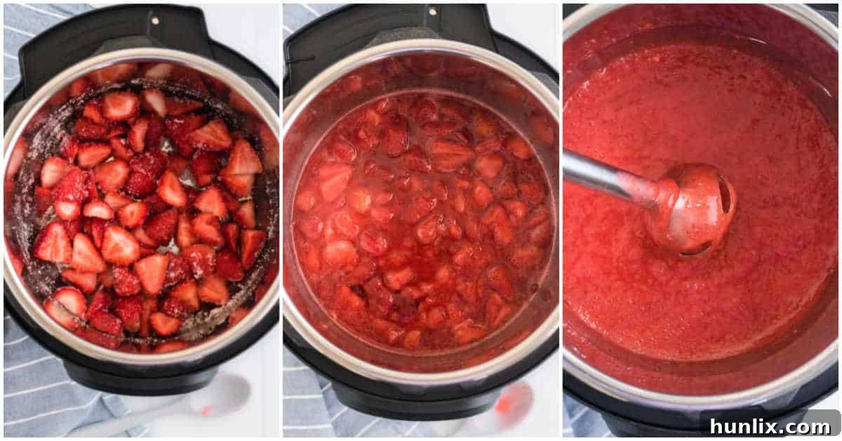 Effortless Instant Pot Strawberry Jam 5 A visual sequence of steps showing strawberries being prepared and cooked in an Instant Pot to make jam.