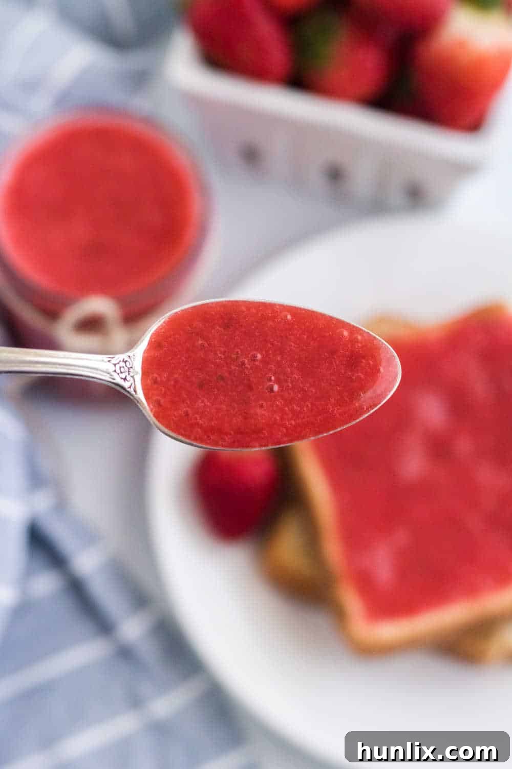 Effortless Instant Pot Strawberry Jam 7 A spoonful of glistening Instant Pot Strawberry Jam, showcasing its rich red color and smooth texture.