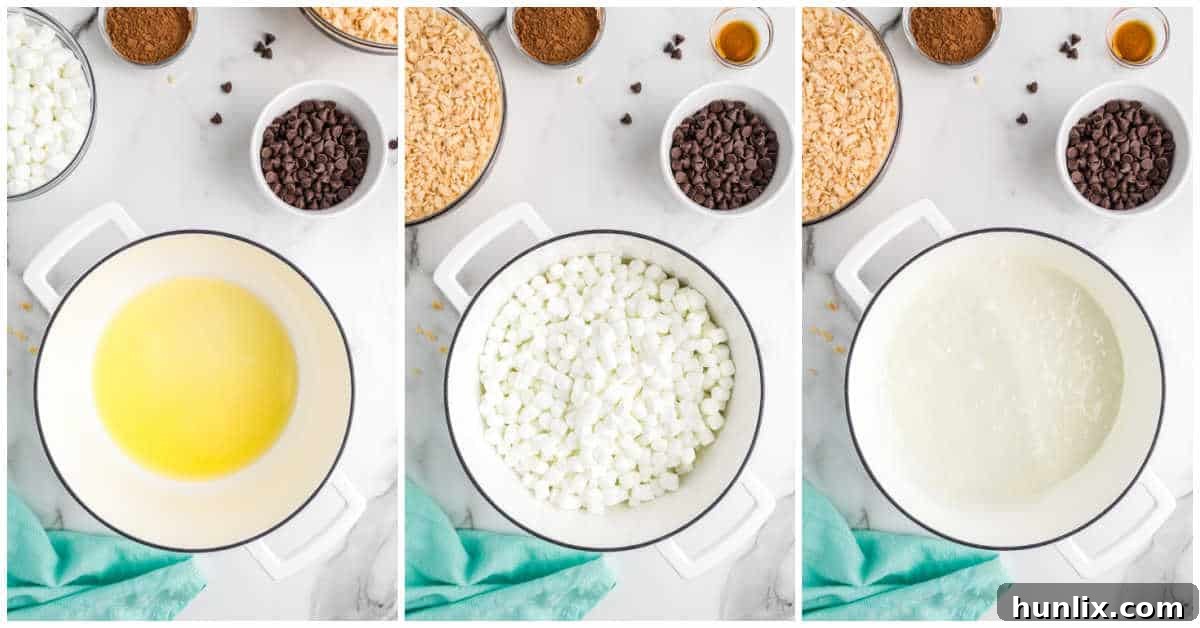 Collage of melting ingredients in a pot.