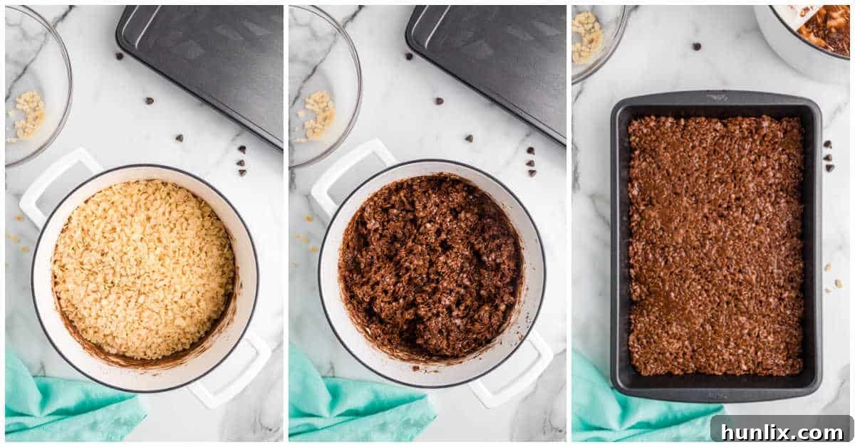 Collage of adding ingredients to the pot and spreading in a pan.