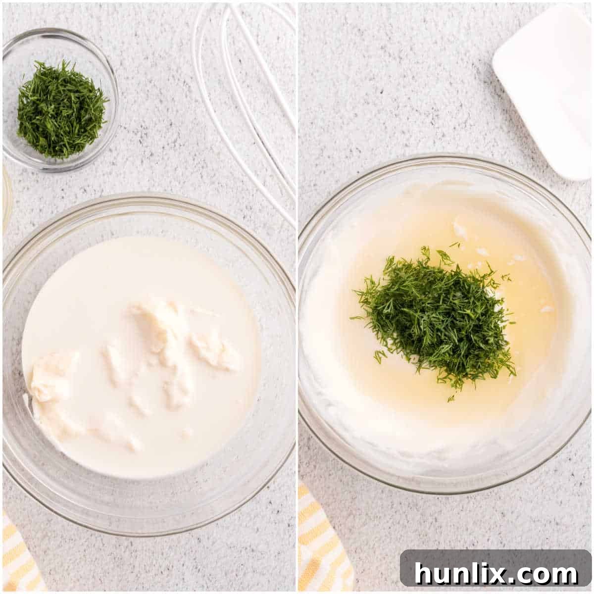 Zesty Shrimp Pasta Salad 6 Whipping cream being mixed with mayonnaise, then fresh dill and lemon juice are added to create the creamy dressing.