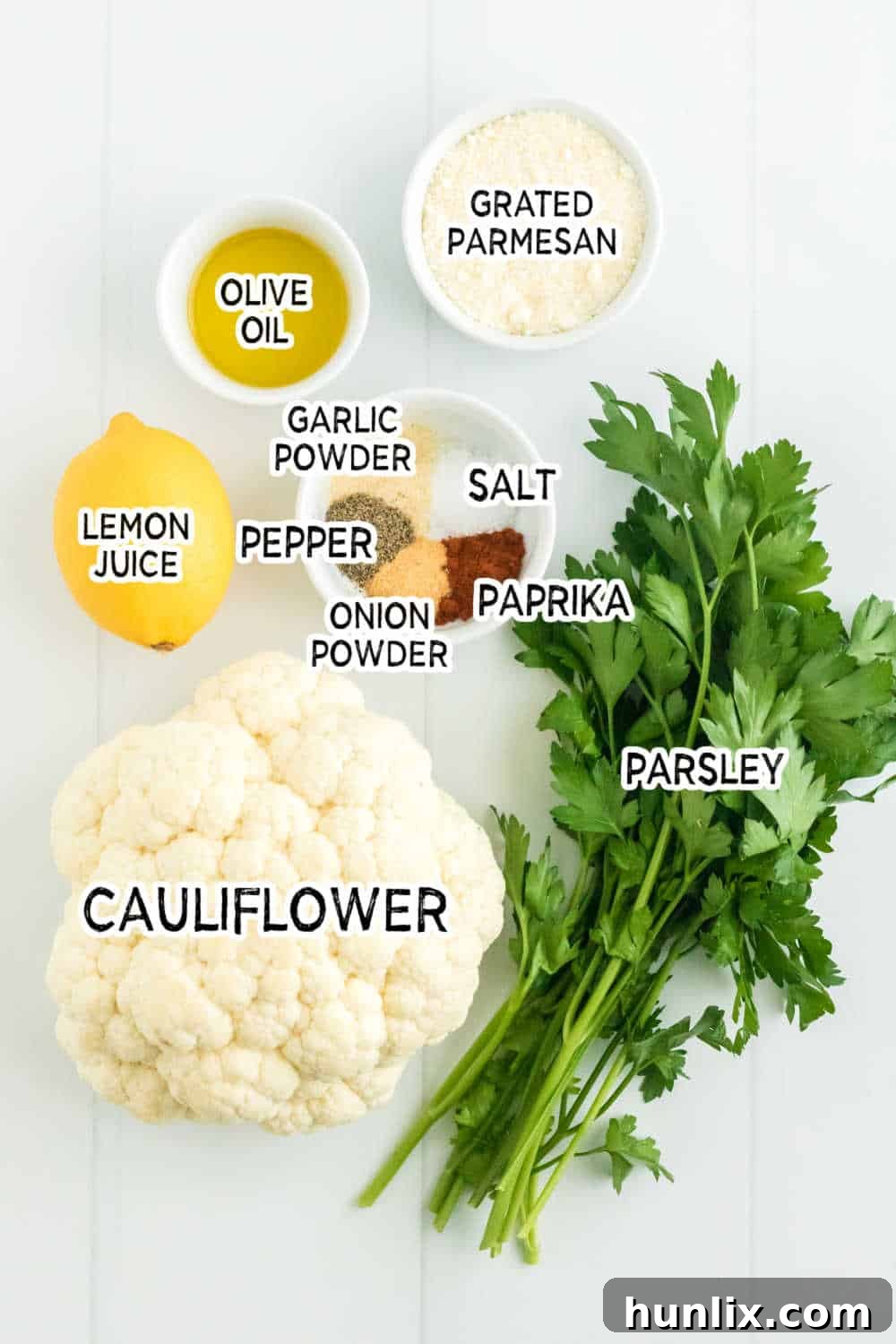 Crispy Air-Fried Cauliflower 3 Ingredients on a white wood surface.