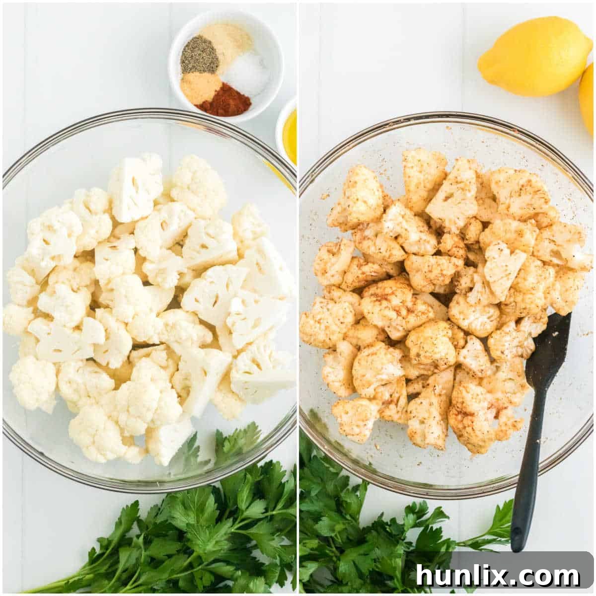Crispy Air-Fried Cauliflower 4 Collage of mixing the cauliflower in spices.